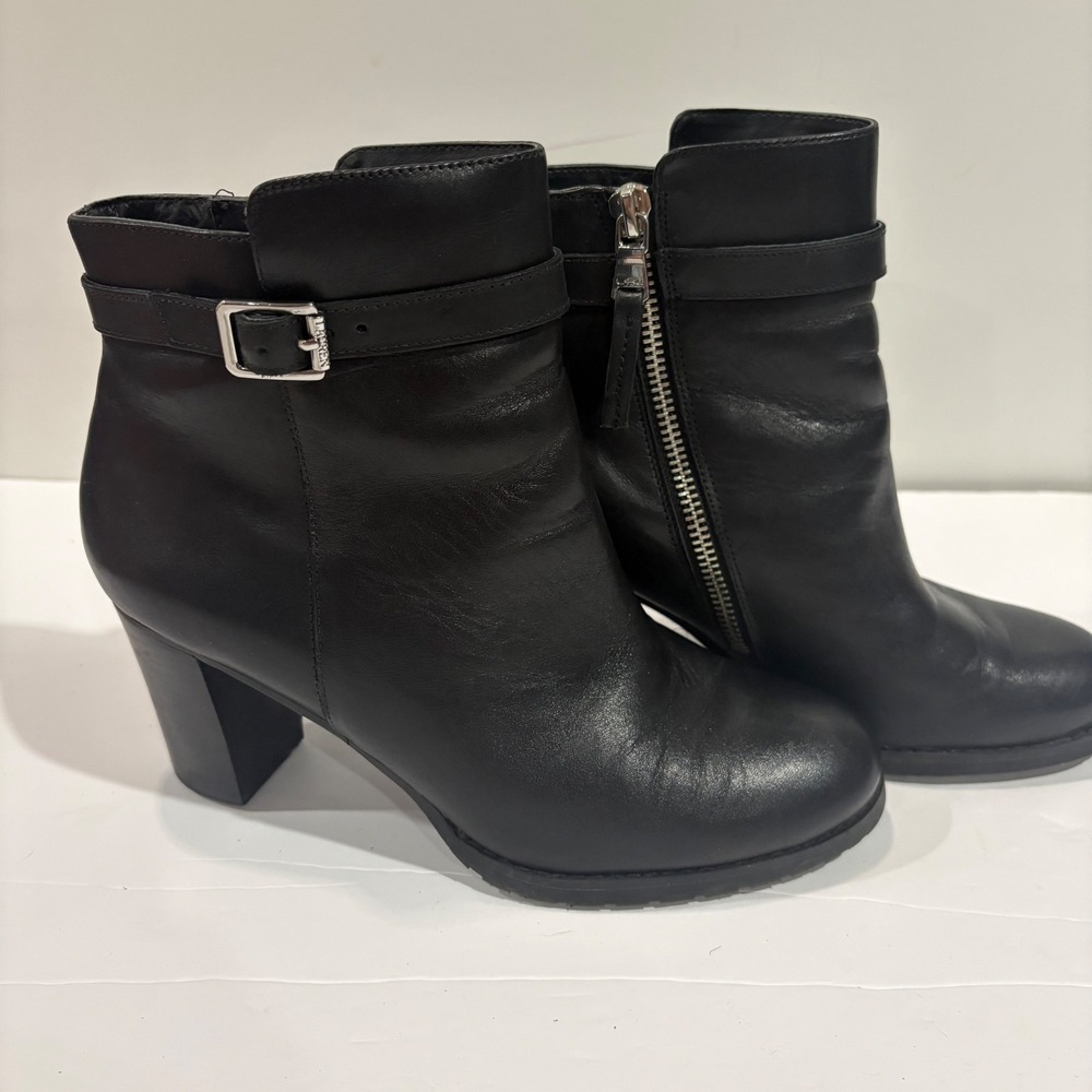 Lauren Ralph Lauren Carole Black Leather Ankle Boots Buckle Block Heel Side Zip